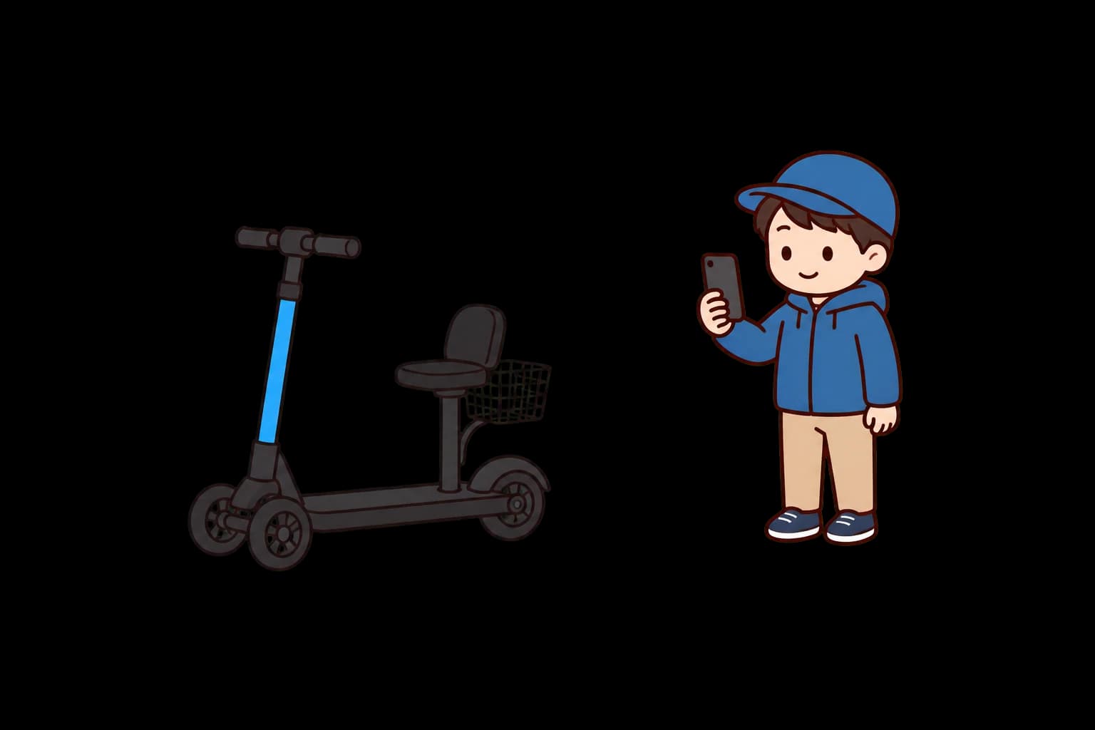 三輪の電動キックボードと、スマートフォンをかざして借りようとしている人のイラスト