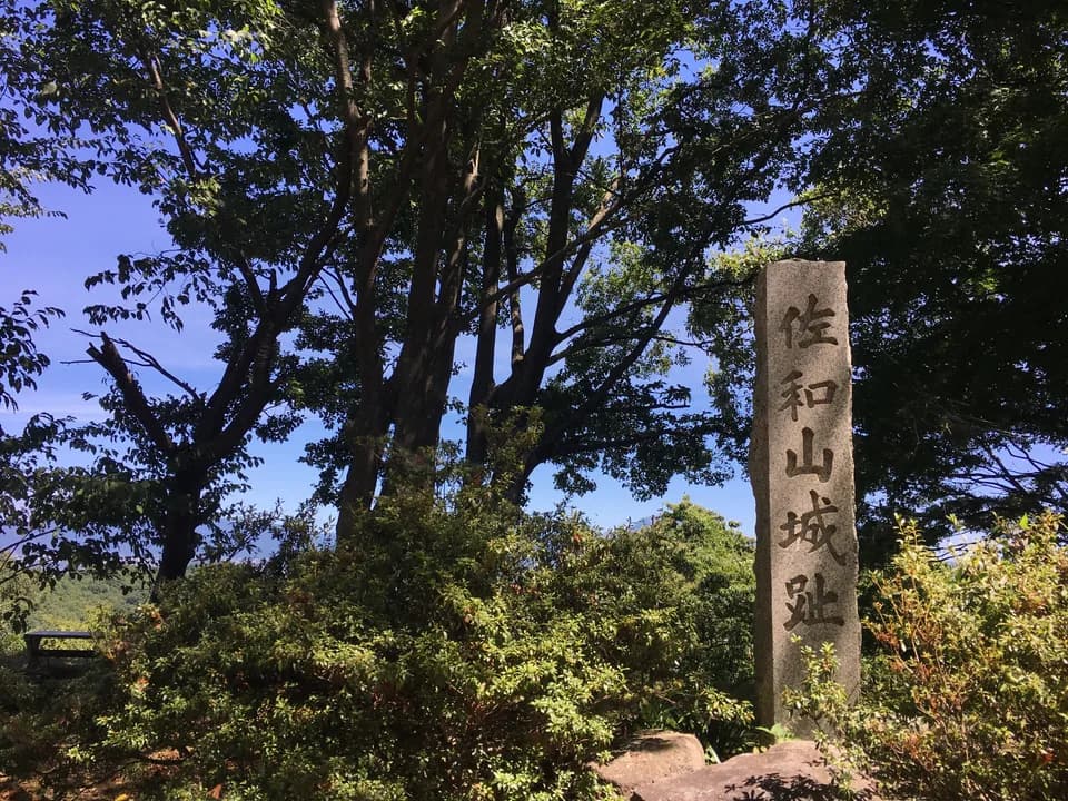 青空の下、木立と低い茂みに囲まれて立つ「佐和山城趾」と刻まれた石柱。左手に木のベンチ、足元に岩が見える