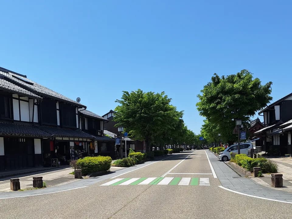 夢京橋キャッスルロードを見通す。黒漆喰と白壁の町屋が両側に連なり、手前に緑色の縞模様の横断歩道、青空の下に街路樹が続く